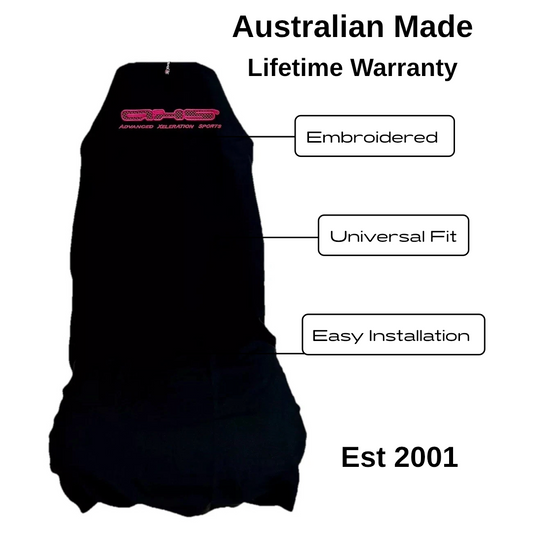 Single AXS Fluro Hot Pink Logo on Black Throw Over Slip On Seat Cover