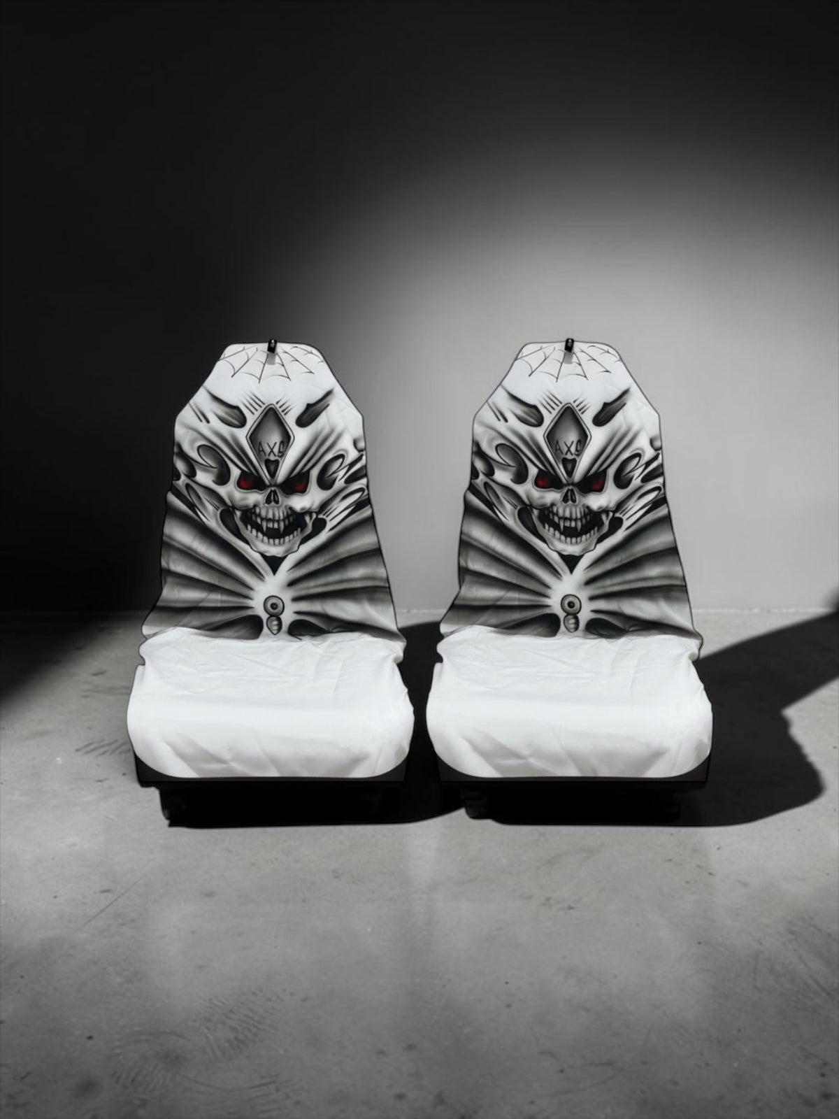 Pair Hand Airbrushed Black Skull on White AXS Slip-on's Also fit Recaro & Bride Seat