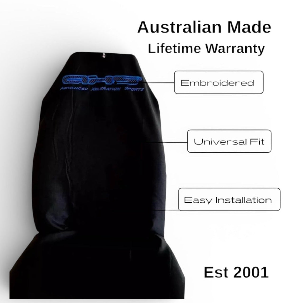 Fluro Blue AXS on Black Car Seat Cover/s…Save Big Site Wide sale now on!!