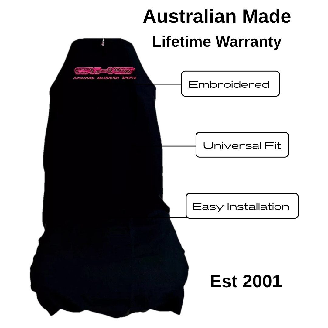 Single AXS Fluro Hot Pink Logo on Black Throw Over Slip On Seat Cover