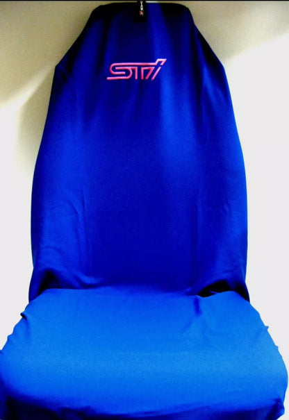 PAIR OF SUPERIOR ROYAL BLUE AXS WRX STI LOGO THROW OVER SEAT COVERS SUIT SUBARU SEATS