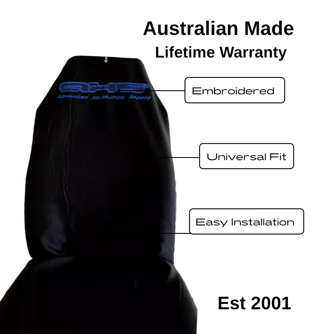 Single AXS Fluro Blue on Black Throw Over Slip On Car Seat Cover