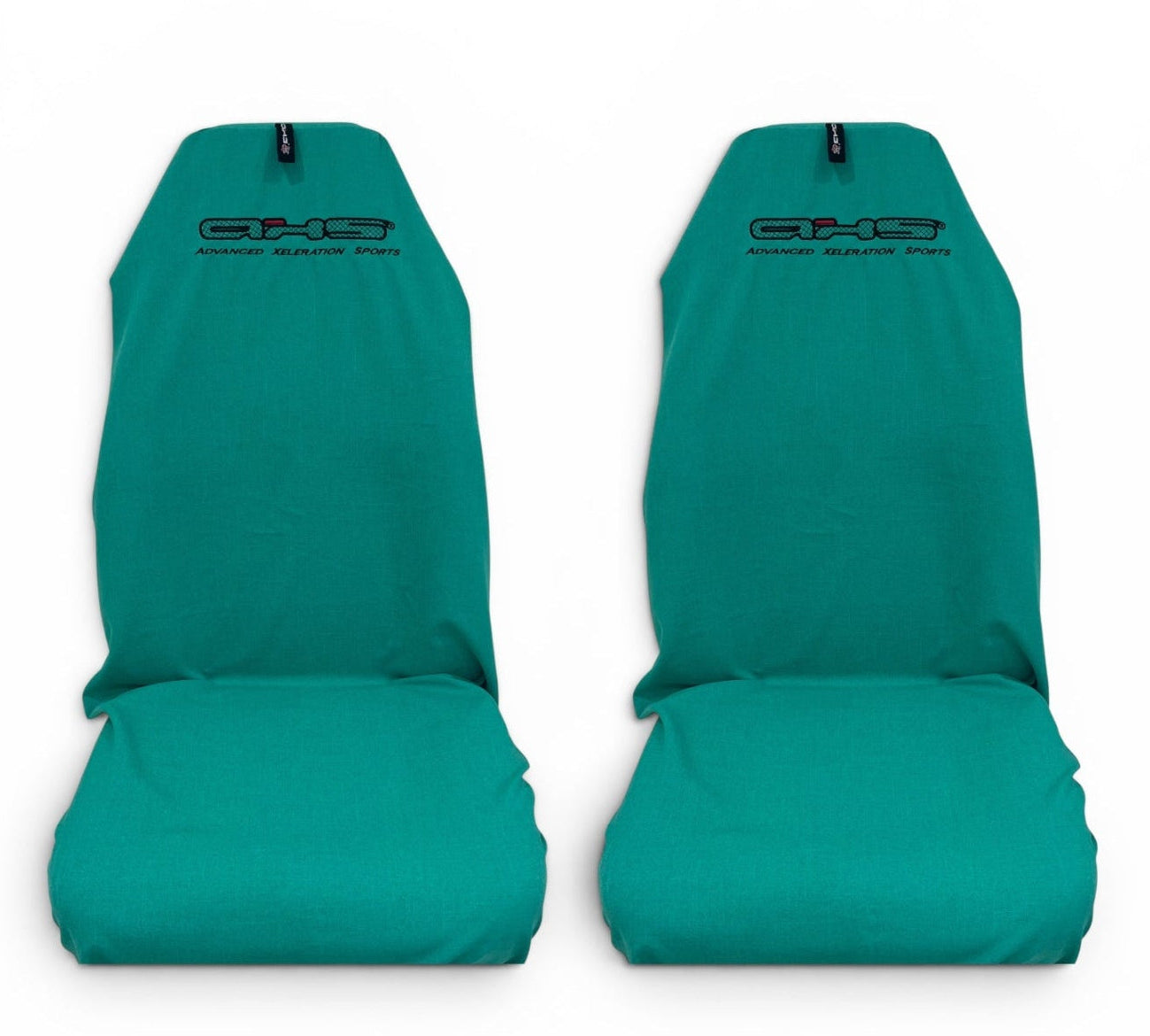 Pair of Emerald Green Slip on car seat covers with AXS logo on a white background