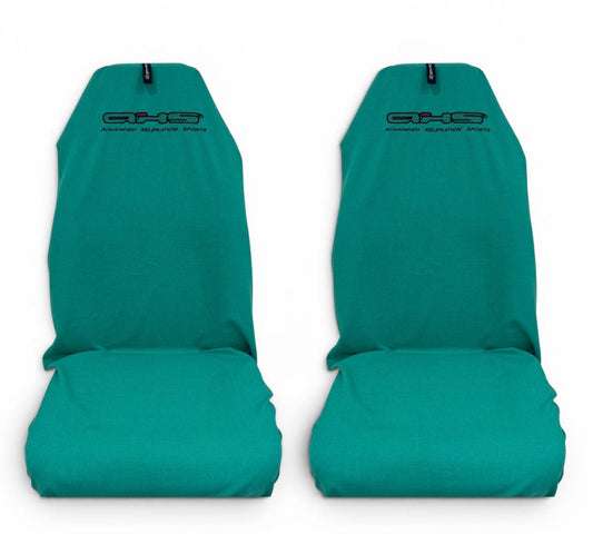 Pair of Emerald Green Slip on car seat covers with AXS logo on a white background