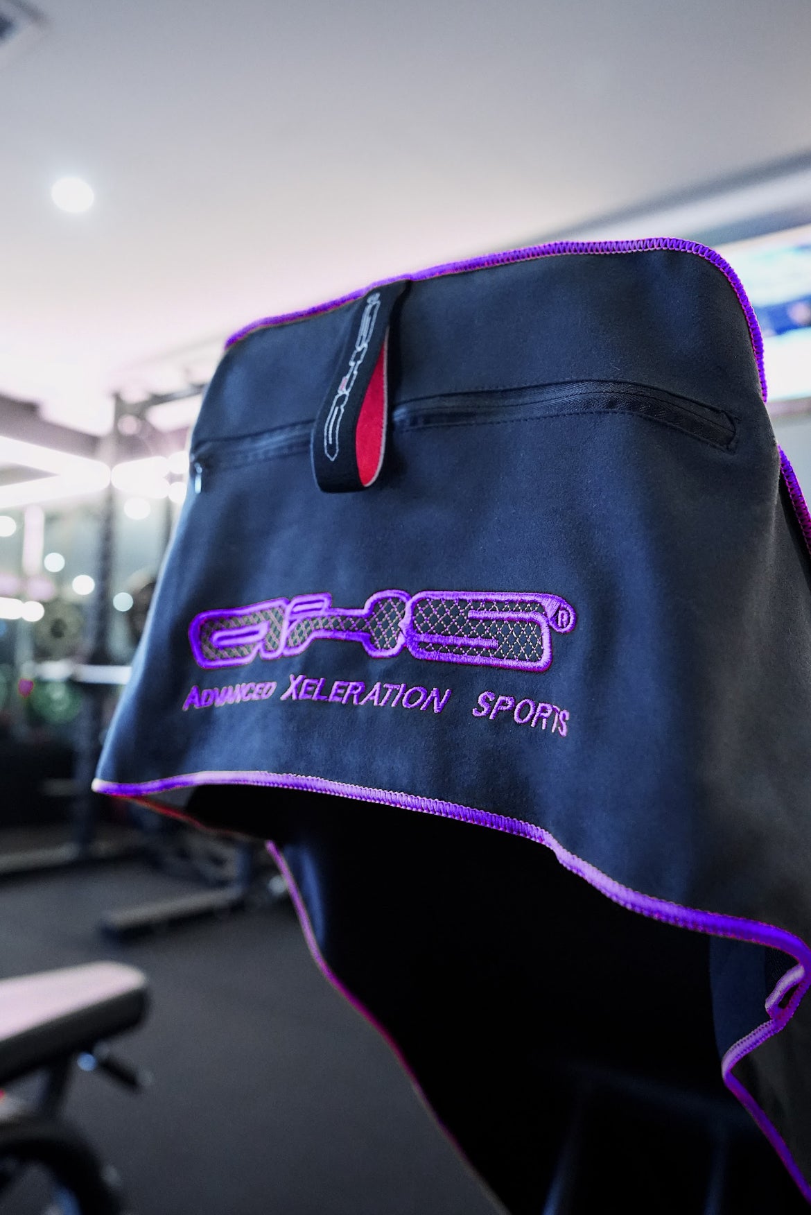 Just Landed! Version 2.0 Purple on Black AXS Pro Gym bench-Beach-Car Seat Towel (L)