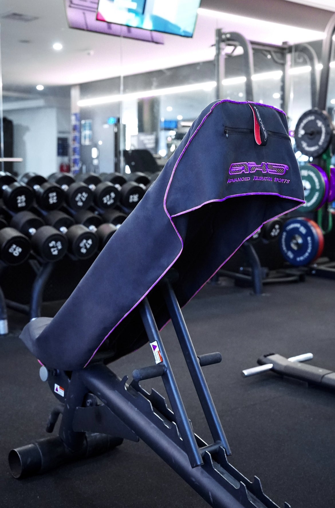 Just Landed! Version 2.0 Purple on Black AXS Pro Gym bench-Beach-Car Seat Towel (L)