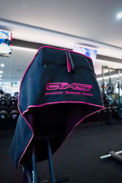 Too🔥. Hot Pink on Black AXS Gym-Beach-Car Seat Slip-on Towel (L)