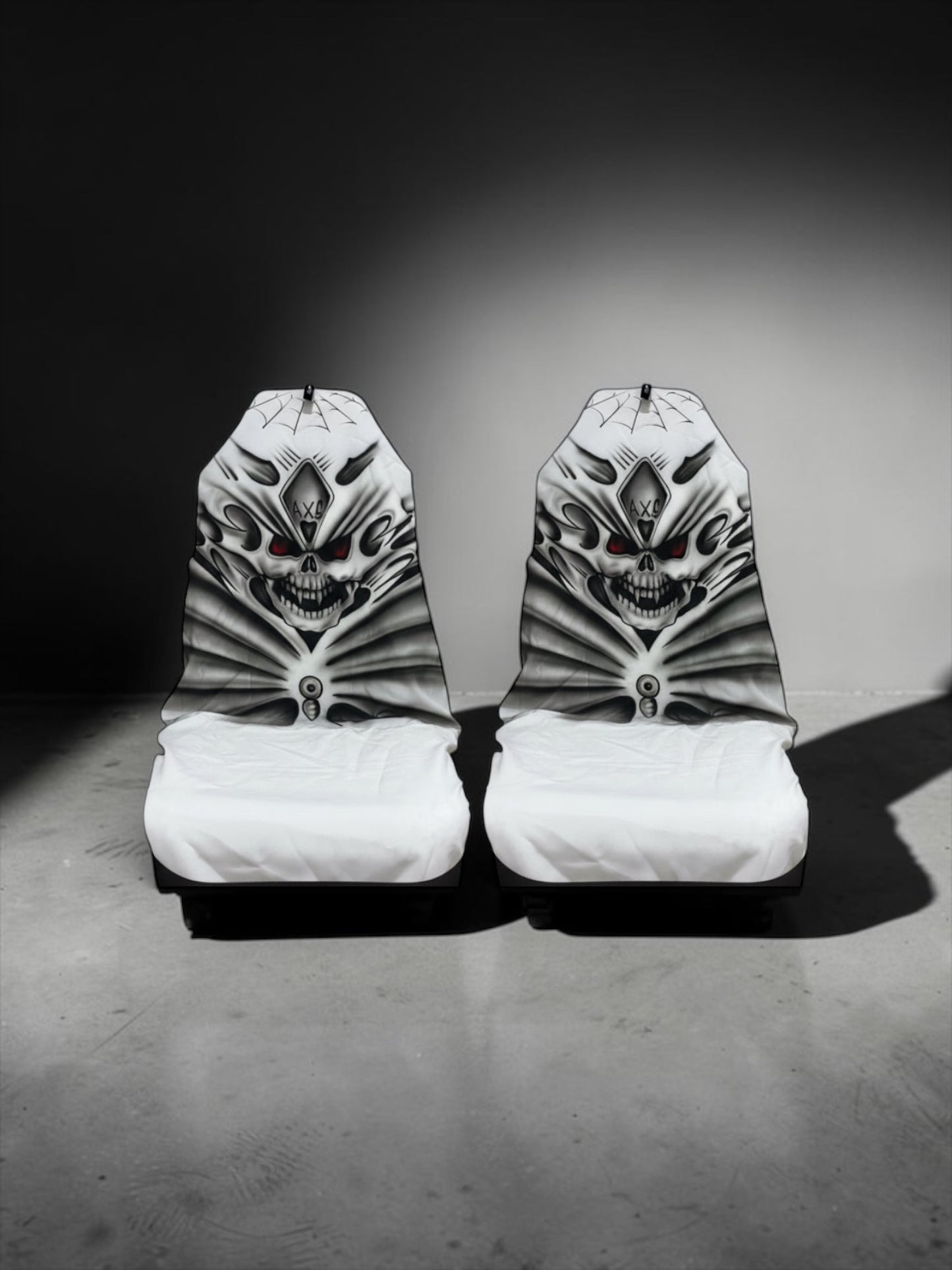 Hand Airbrushed Black Skull on White AXS Slip-On's Also fit Recaro & Bride Seats