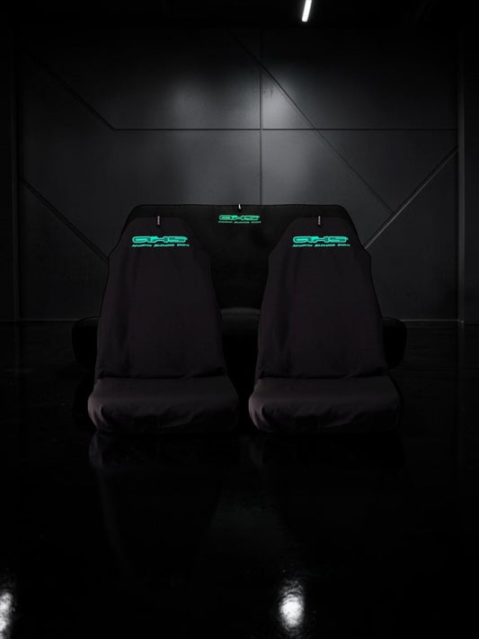 Neon Tiffany Blue on Black Universal AXS Slip-On's - Also fit Recaro & Bride Seats