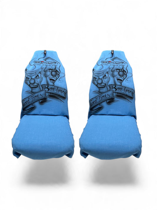 Pair Hand Airbrushed Good times bad times on Tiffany Blue AXS Slip-on's Also fit Recaro & Bride Seats
