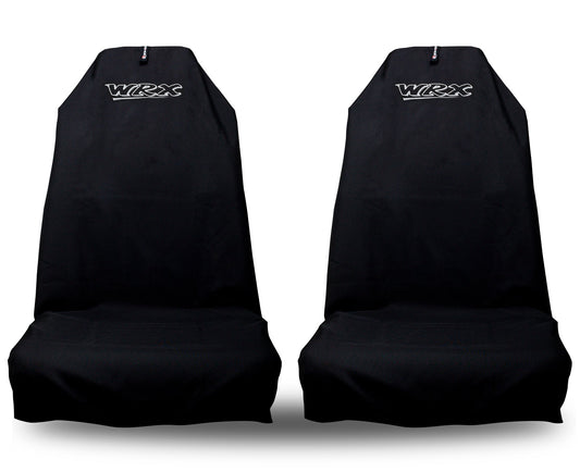 Two black car seat covers with 'WRX' branding on a white background